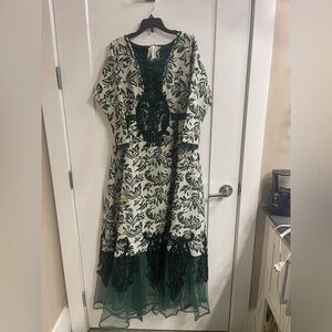 Designer Jacquard Floral Long Sleeve Dress in Green, Cream, and a touch of gold.